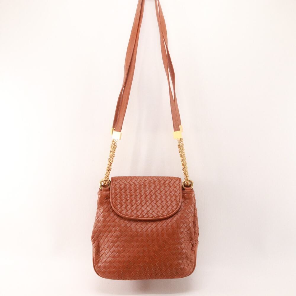 Vtg Us Ensoul Crossbody Handbag M Brown Weave Leather Gold Tone Chain Strap Bag